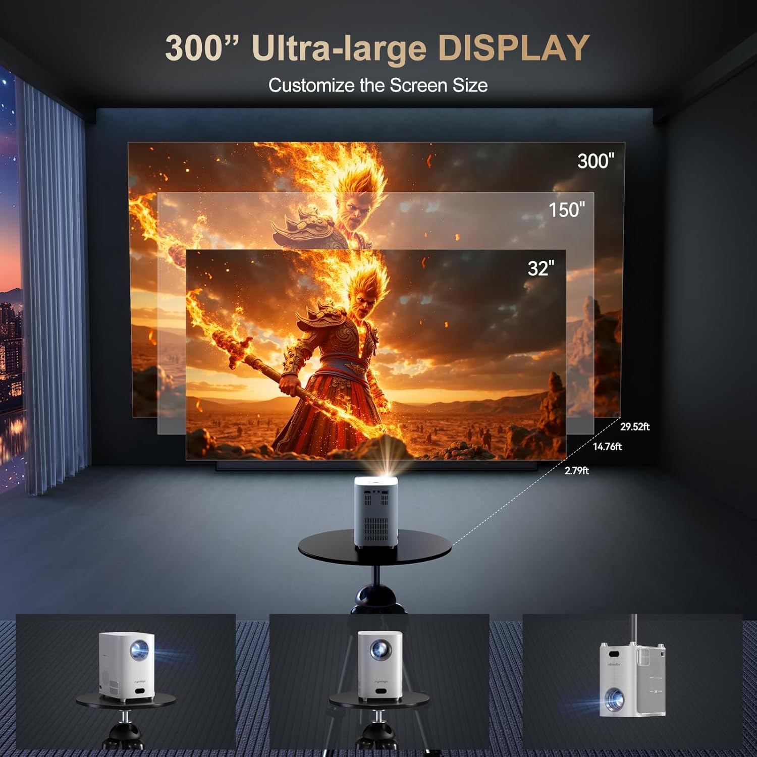 Electric Focus Projector with WiFi and Bluetooth, Native 1080P 15,000 Lumens 4K Supported, Agreago Outdoor Movie Projector for Home Theater UP to 300