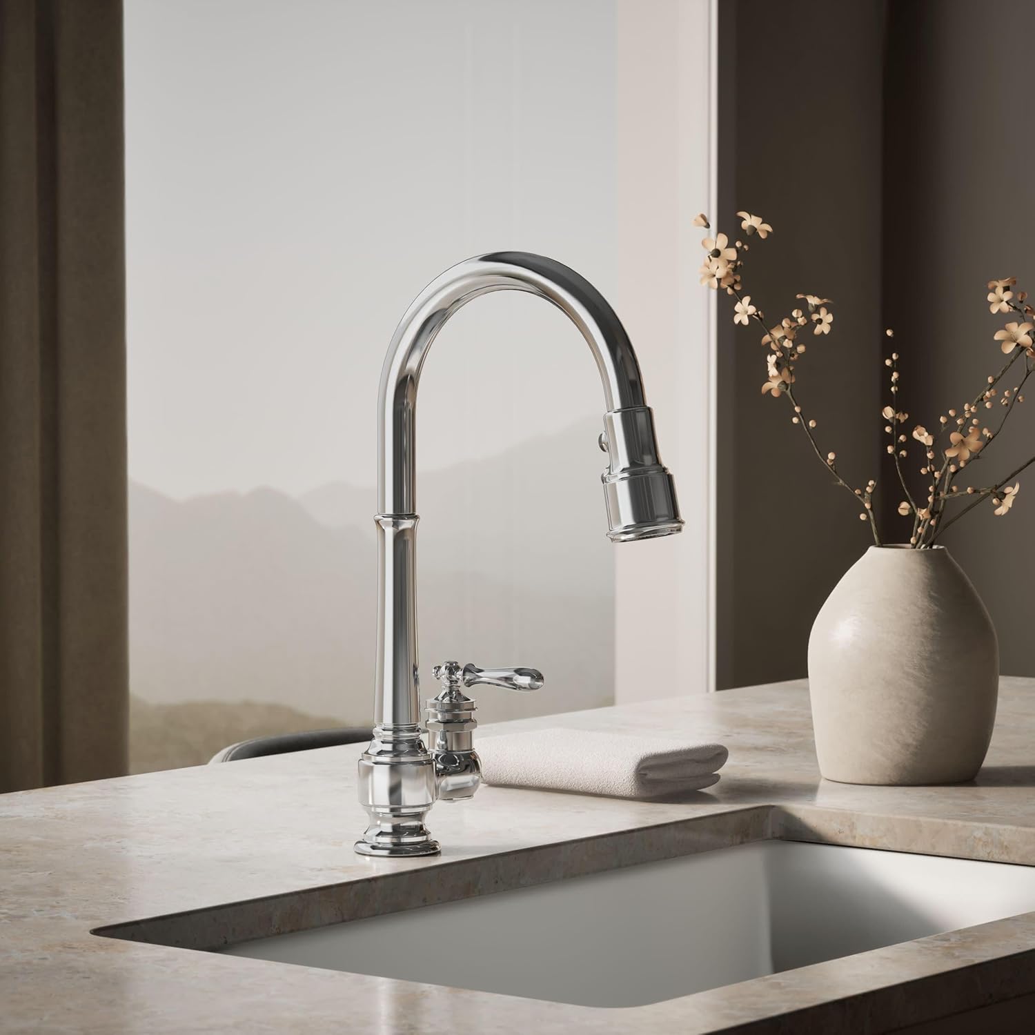 KOHLER 99260-CP Artifacts Single-Hole Kitchen Sink Faucet with 17-5/8 in. Pull-Down Spout and 3-Function Sprayhead, Polished Chrome