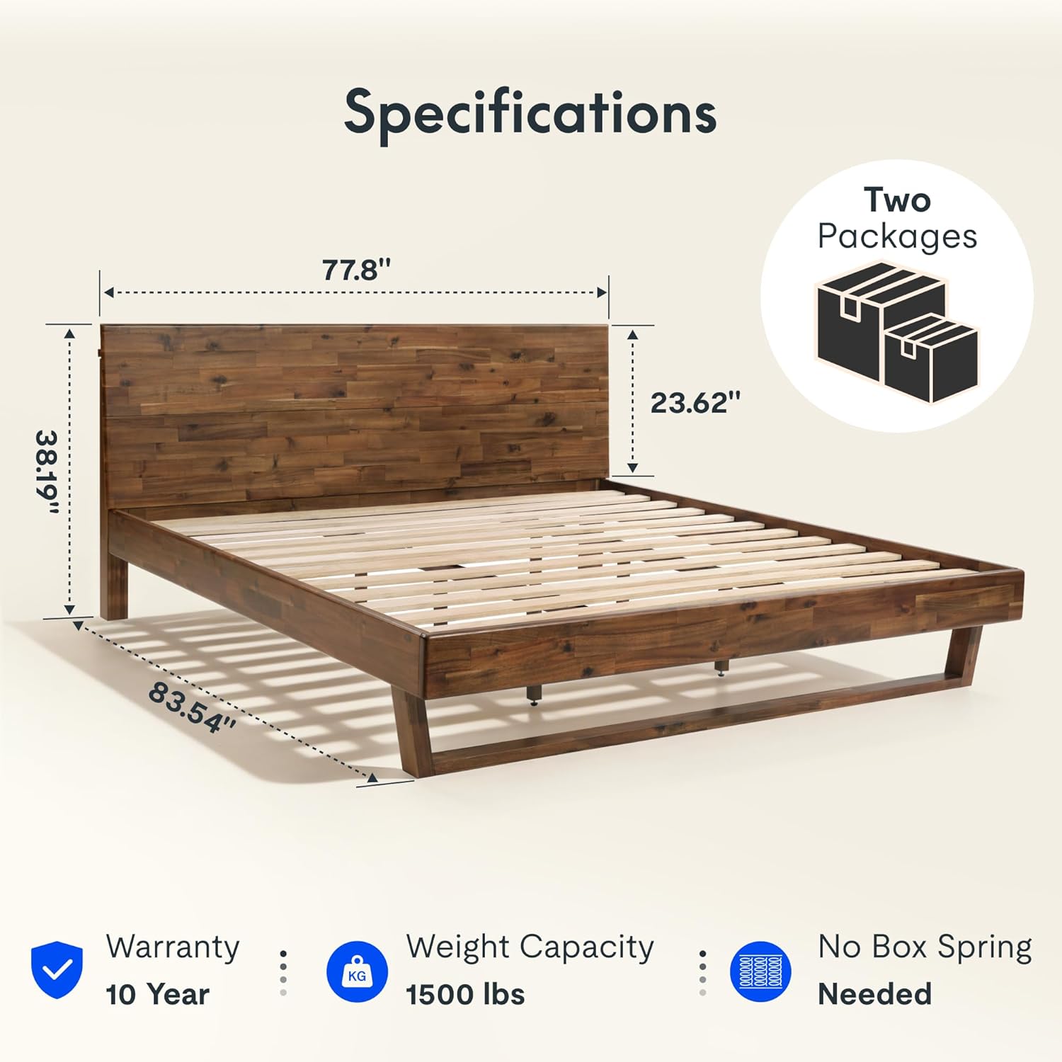 FLEXISPOT Hako G3 King Solid Acacia Wood Platform Bed Frame with Storage Headboard, 1500 lbs Heavy Duty, Tool-Free Fast Assembly, SGS Certified, Sherwin-Williams Finish, Walnut Brown, 10-Year Warranty