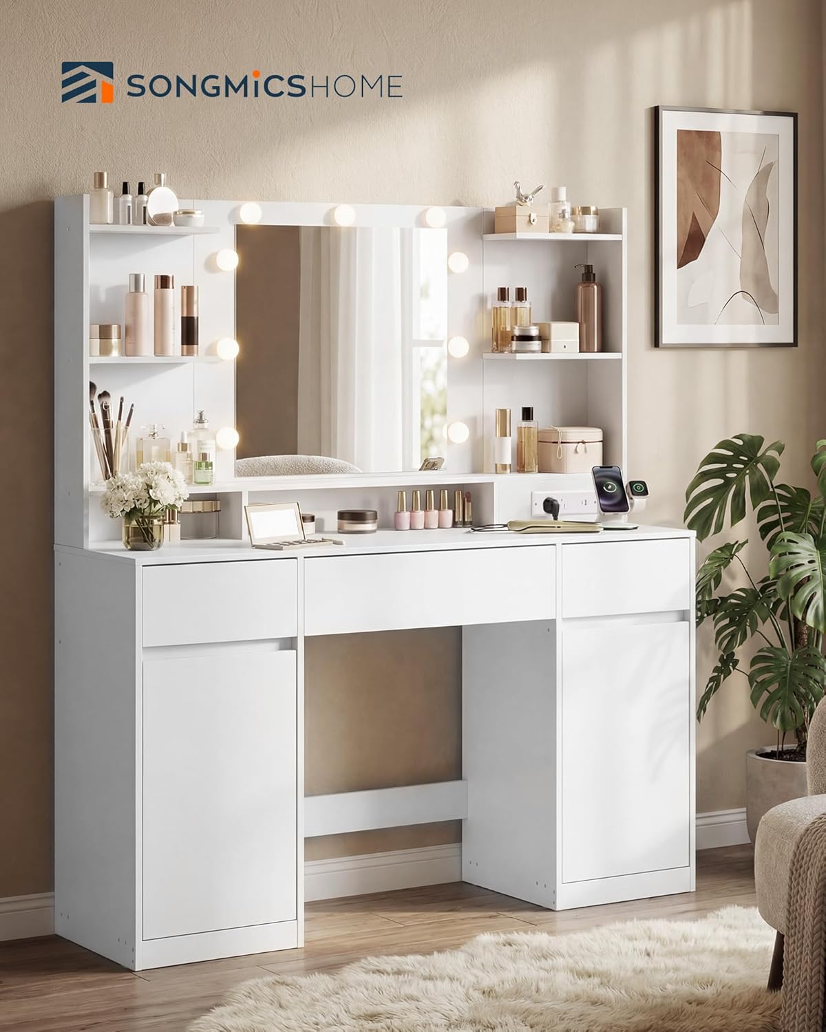 SONGMICS HOME Vanity Desk with Mirror and Lights, Makeup Vanity Table with Power Outlets, Dressing Table with Cabinets and Drawers for Bedroom, White