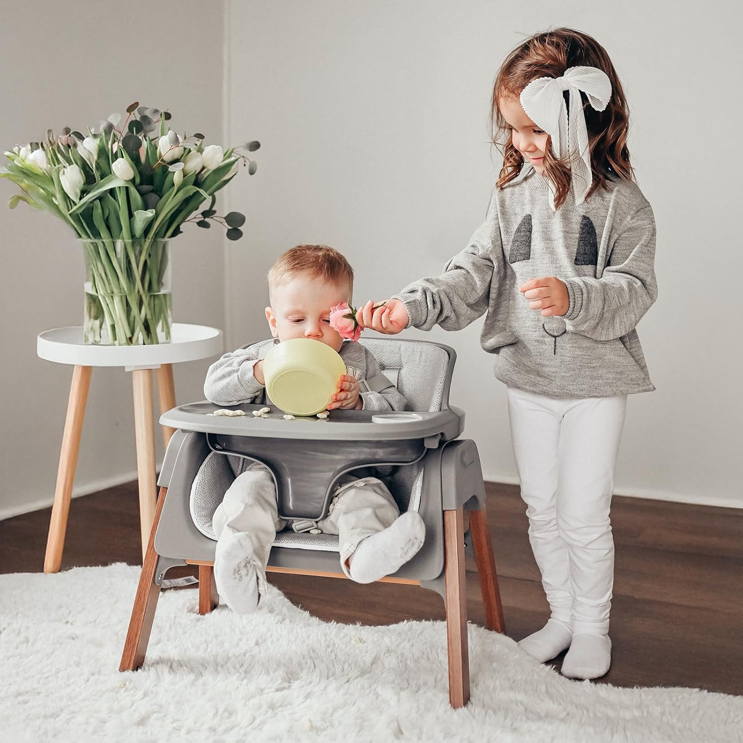 Fodoss Baby High Chair, 4-in-1 Foldable Design, Sturdy Wood Grain, Removable Dishwasher Safe Tray, 5-Point Harness, Easy Clean, Light Gray