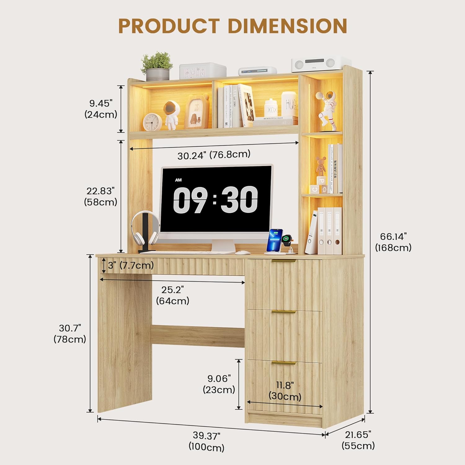 Lvifur LED Study Desk - with Hutch & Storage Cabinet,Home Office Desk with Outlet and 3 Color LED and Card-Based Lock,Writing Desk Computer Desks for Studyroom,Ideal for Office Set,Natural