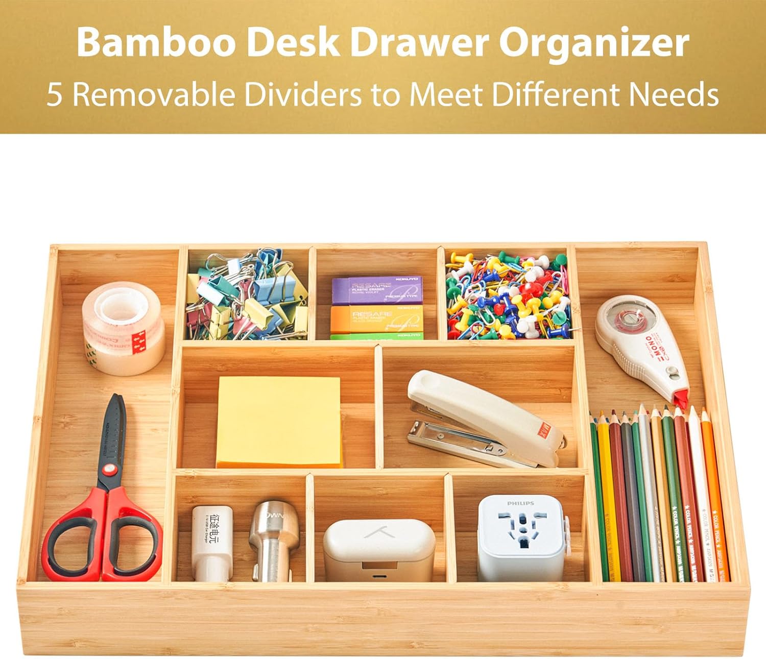 Umilife Extra Large Bamboo Desk Drawer Organizer, Wood Junk Organizer Tray with Adjustable Dividers, Anti-Skip Storage Organization in Office Bathroom Drawer for Vanity, Makeup, 17