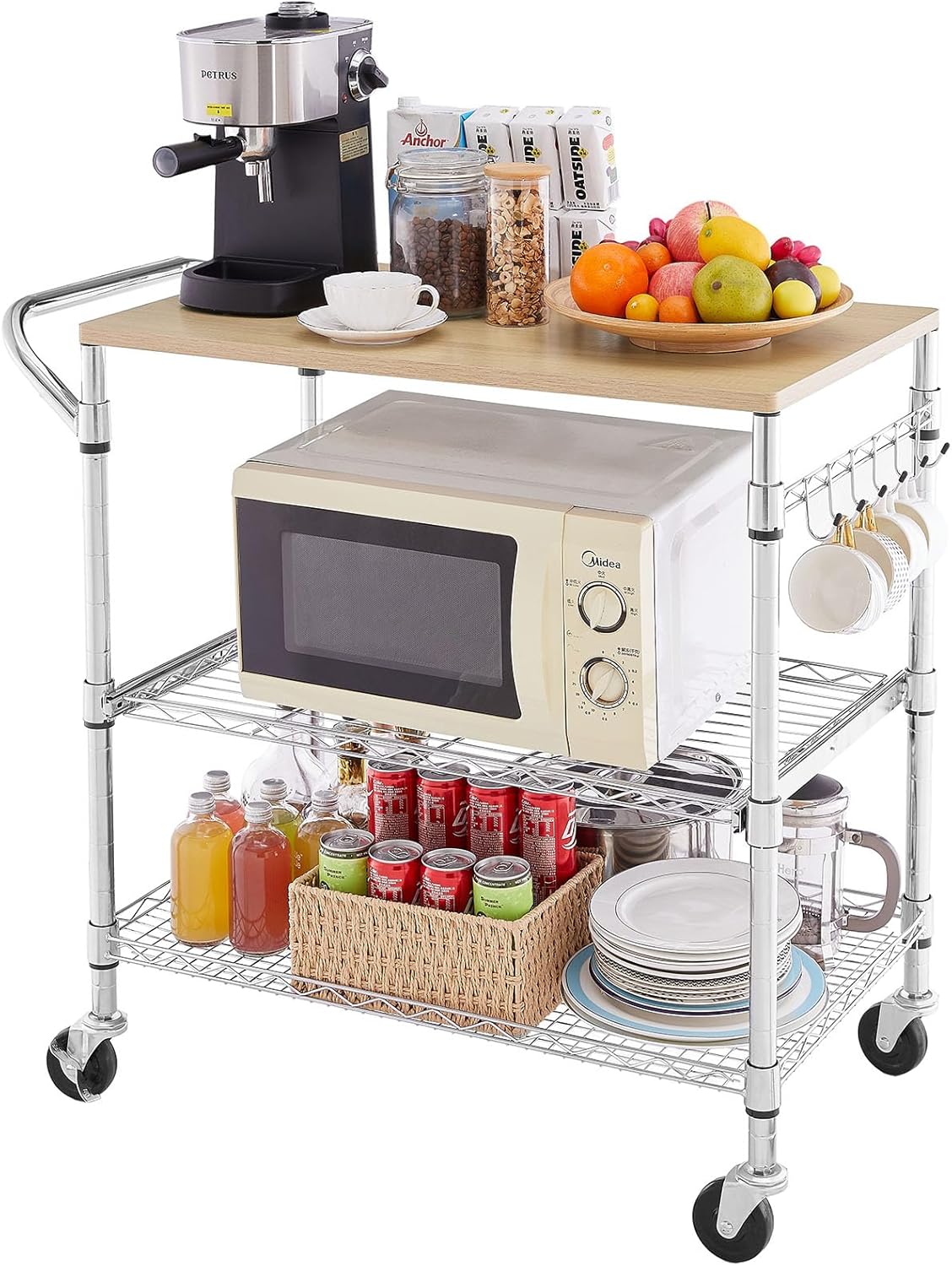 3 Tier Rolling Kitchen Cart with Wood Tabletop, Kitchen Island Carts with Wheels & Slider Shelf, Microwave Cart on Wheels, Coffee Cart with Hooks, 35.4