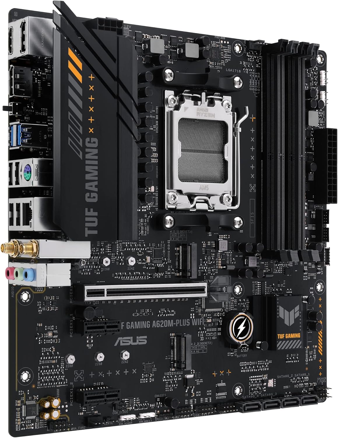ASUS TUF Gaming A620M-PLUS(WiFi) AMD AM5 (Ryzen 7000) microATX Gaming Motherboard(DDR5,PCIe 4.0,2xM.2 Slots,2.5Gb LAN,Wi-Fi6,2xDisplayPort,HDMI,Front USB 3.2 Gen 1 Type-C,BIOS Flashback,M.2 Q-Latch)