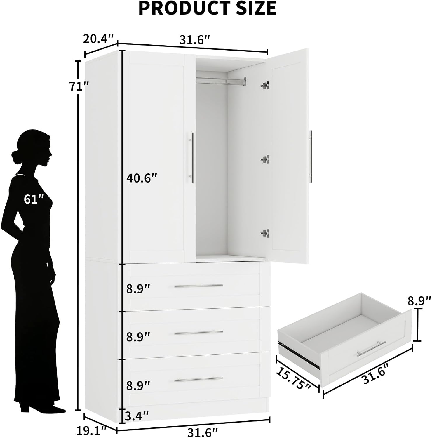 fastgo Armoire Wardrobe Closet with 3 Large Deep Drawers, 71