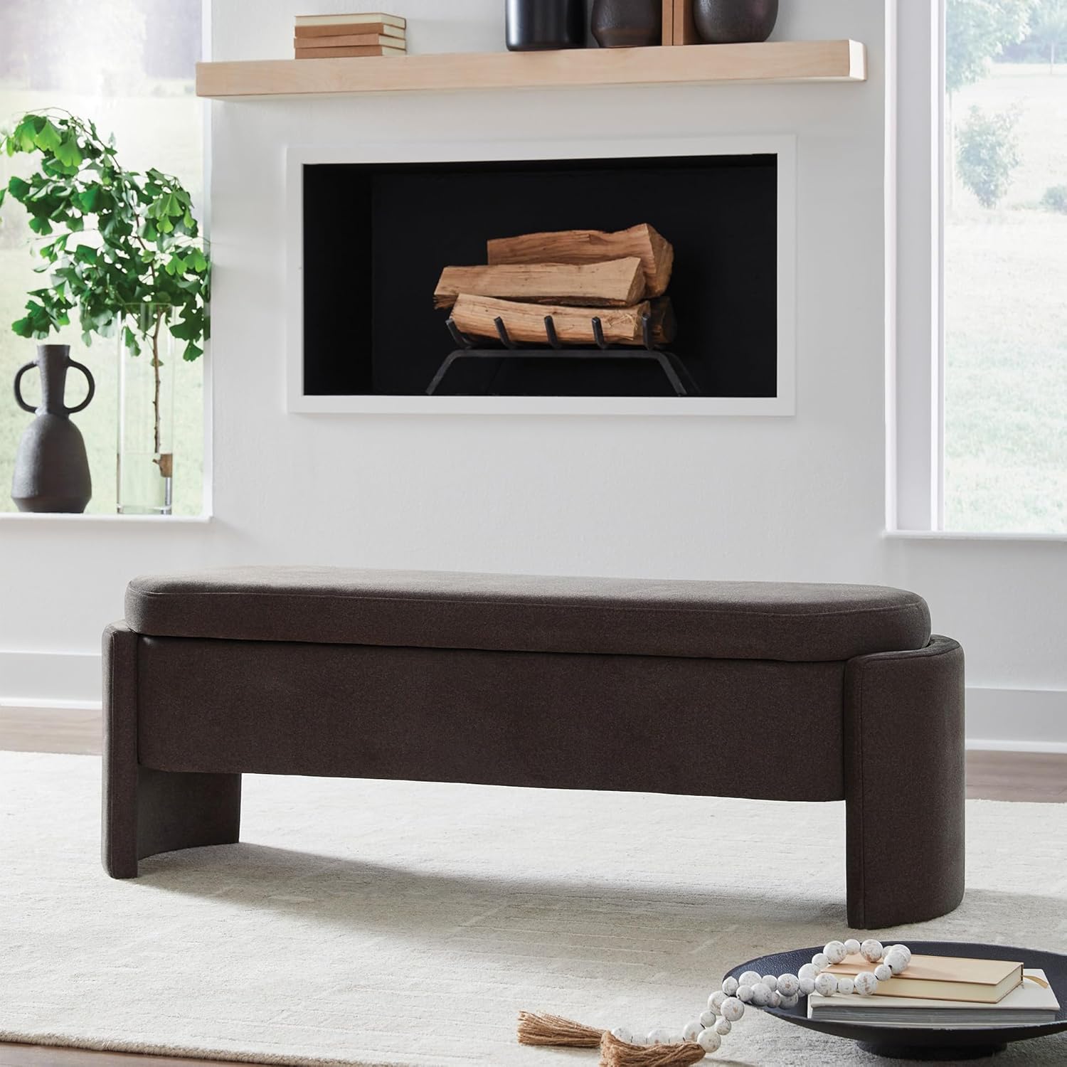 Signature Design by Ashley Vavuniya Upholstered Storage Bench with Hinged Seat and Hidden Compartment for Entryway or Bedroom Seating, Capsule Shape in Heathered Brown