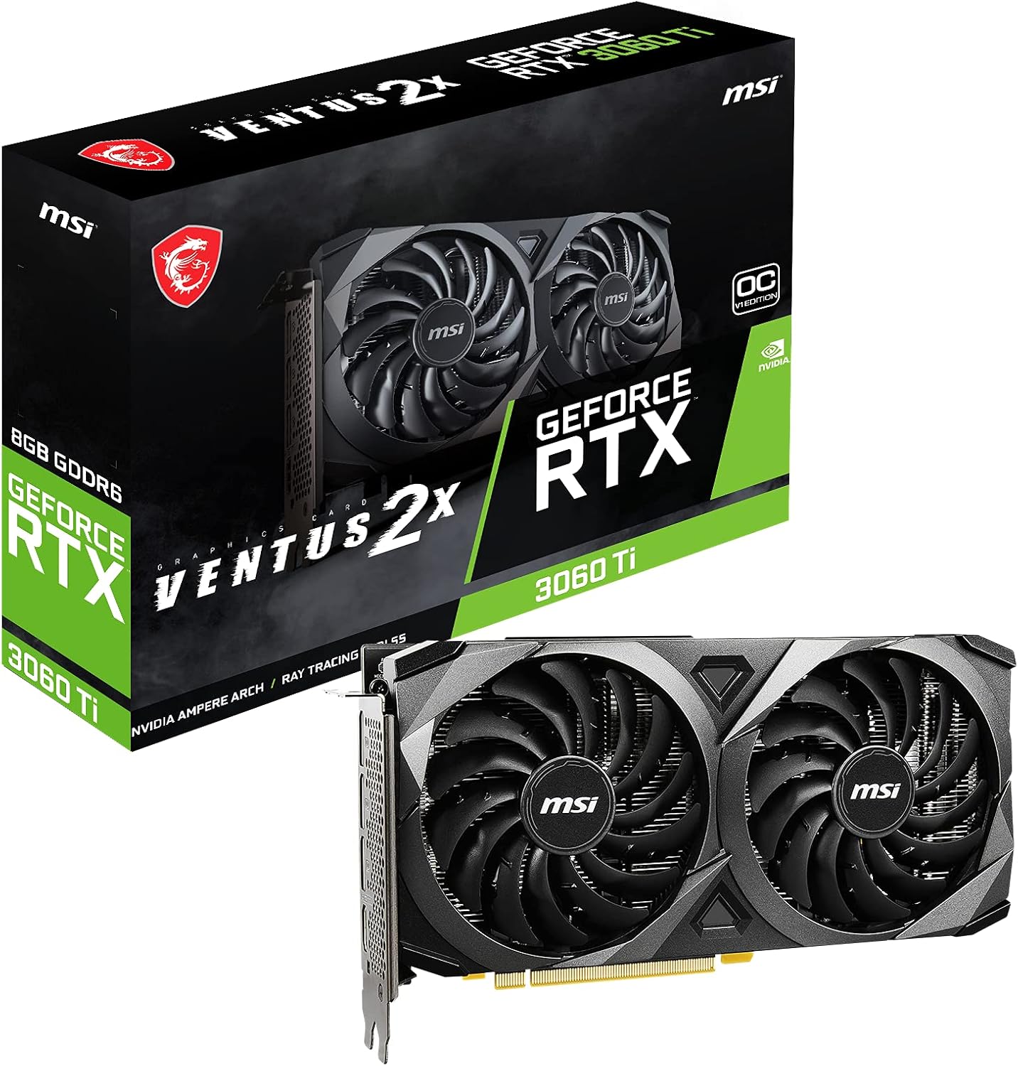 MSI Gaming GeForce RTX 3060 Ti LHR 8GB GDRR6 256-Bit HDMI/DP Nvlink Torx Fan 3 Ampere Architecture OC Graphics Card (RTX 3060 Ti Ventus 2X 8G OCV1 LHR) (Renewed)