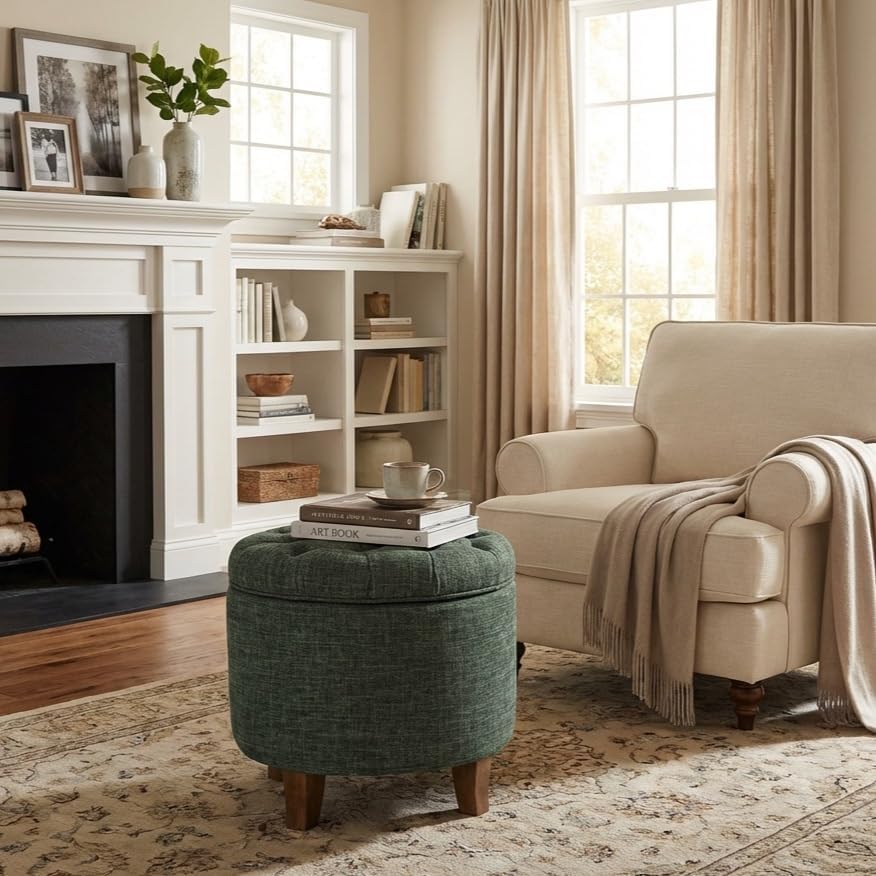 Homepop Home Decor | Upholstered Round Tufted Foot Rest Ottoman | Ottoman with Storage for Living Room & Bedroom | Decorative Home Furniture, Green Clover Fabric
