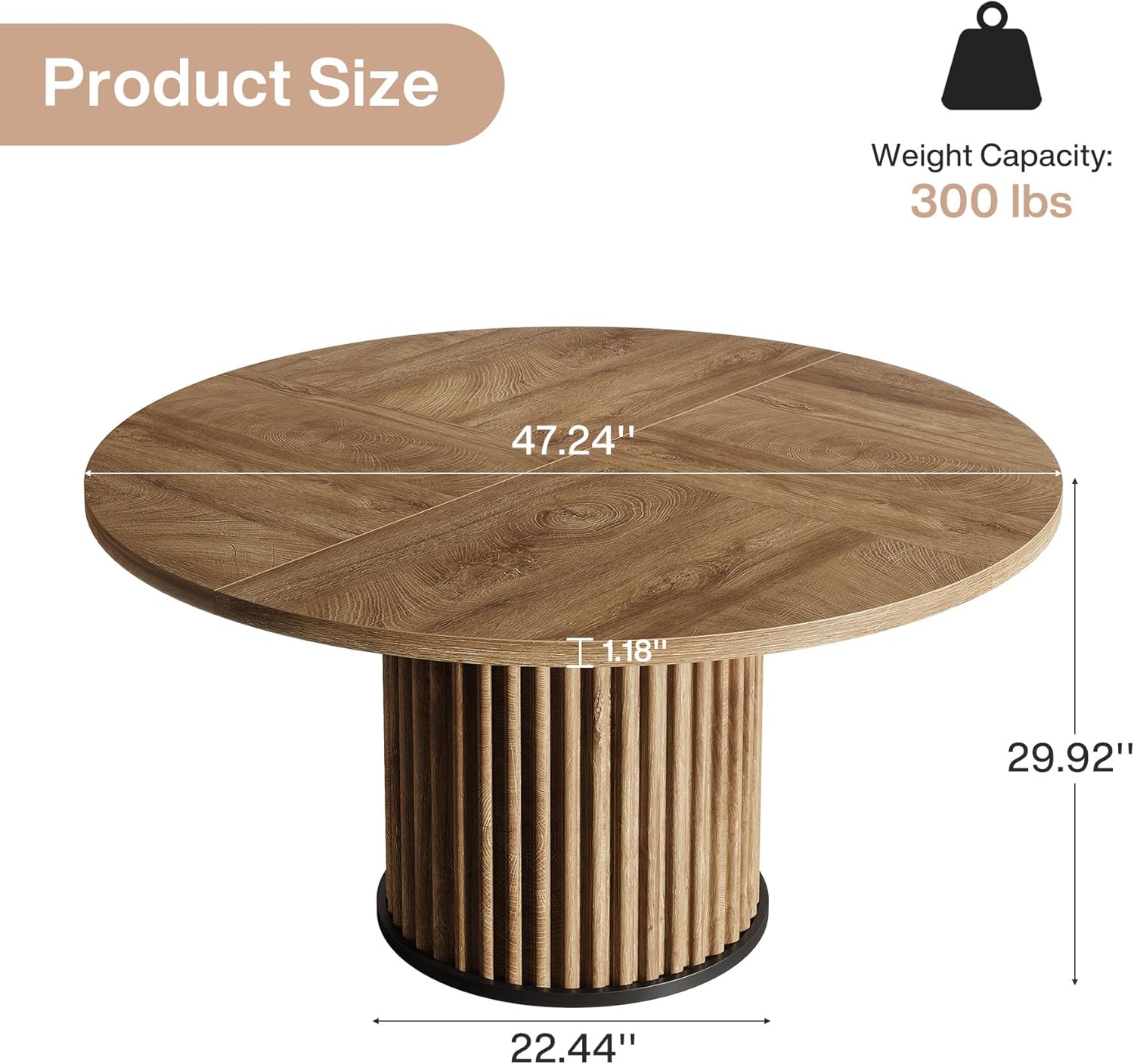 Tribesigns 47.24-Inch Brown Round Dining Table for 4-6 People, Modern Fluted MDF + Metal Base Kitchen Table, Sturdy Circle Dining Room Furniture, Brown