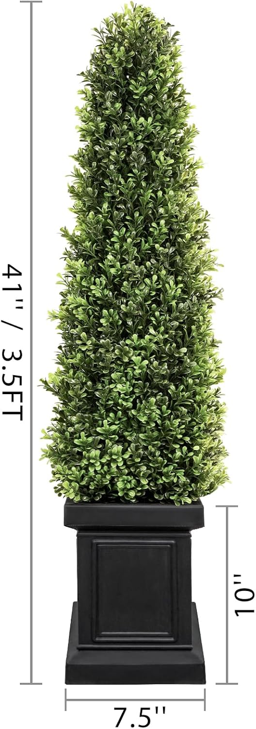 3.5ft Boxwood Outdoor Topiary Set of 2, Tall All Year Green Fake Plant Topiary Trees Artificial Outdoor Porch Trees with Sturdy Pot for Outdoor Indoor (Square)