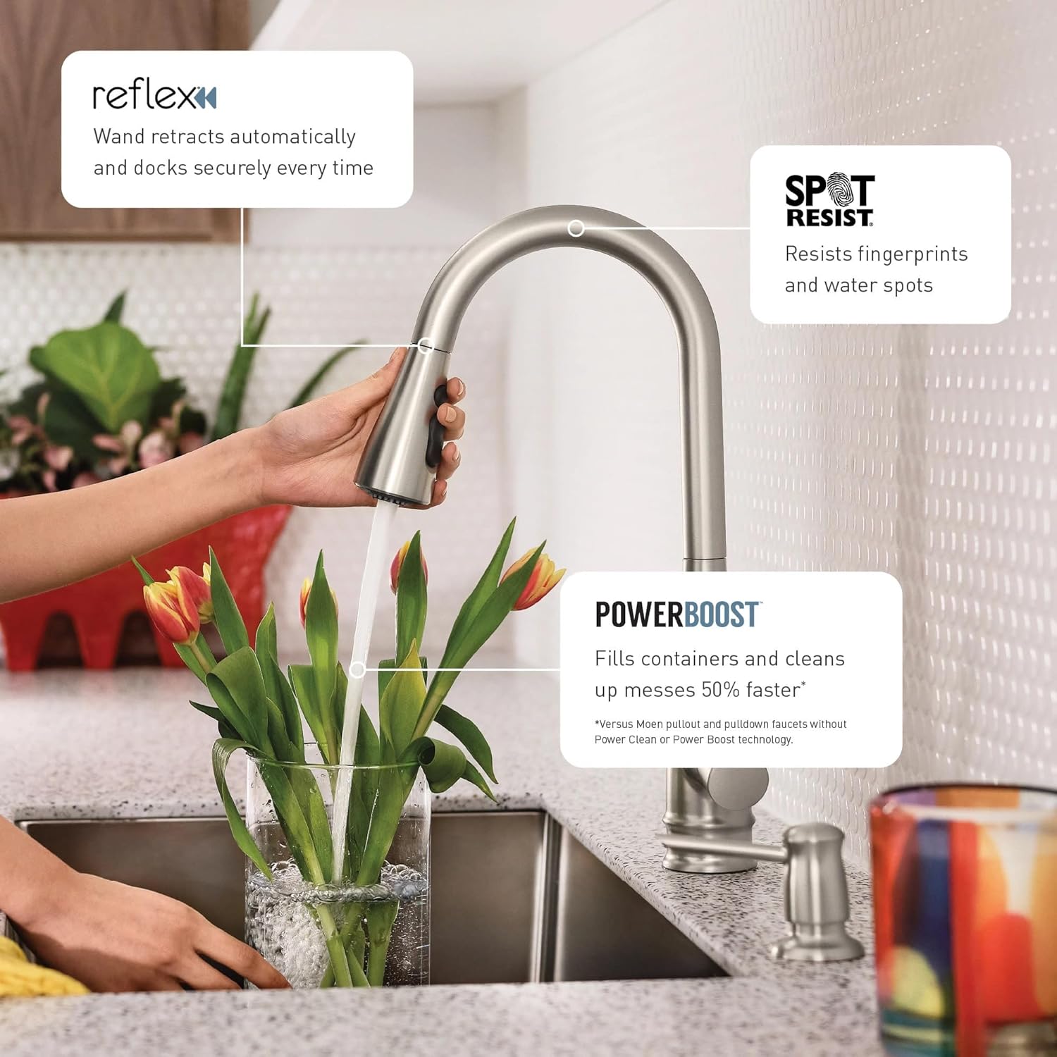 Moen Reyes Stainless Pulldown Kitchen Faucet with Soap Dispenser and Power Boost, Transitional Kitchen Faucet, One-Handle High Arc, Easy Installation, Spot Resist Finish, 87932SRS