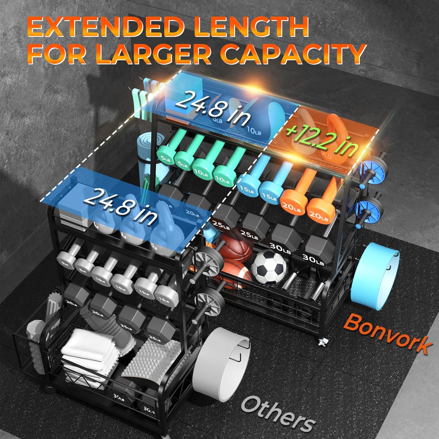 Dumbbell Rack Weight Stand - 4-Tier Adjustable Weight Rack for Dumbbells, Home Gym Storage Rack for Yoga Mat Foam Roller Kettlebells, Workout Equipment Storage Organizer With Wheels and Hooks