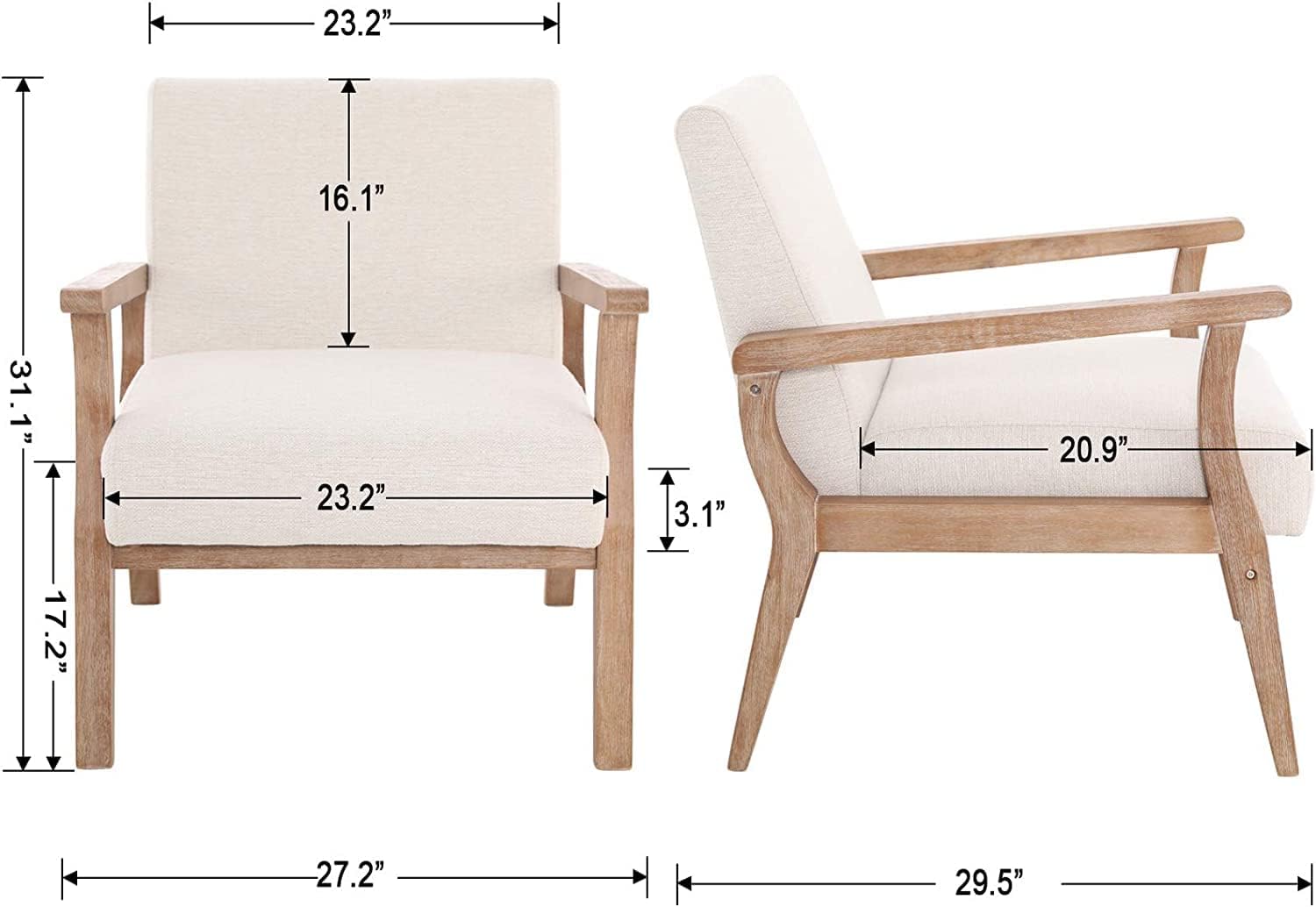 Beige Accent Chairs Set of 2 - Mid Century Modern Chair for Living Room, Bedroom - Armchair Wood Frame Linen Upholstered Side Chair Cream
