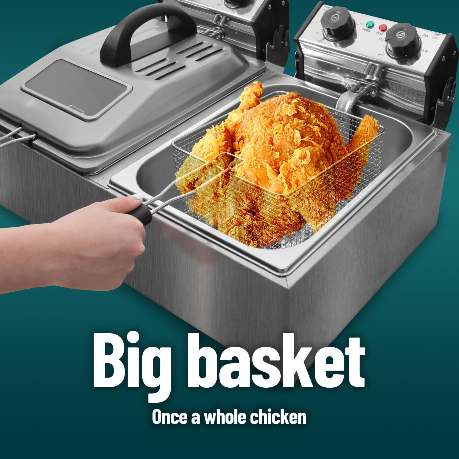 WantJoin 12L/12QT Commercial Deep Fryer with Glass Window - Stainless Steel Dual Tank Electric Tabletop Deep Fryer with 2 Baskets & Lids Countertop Kitchen Frying Machine w/Temperature Control, 3200W
