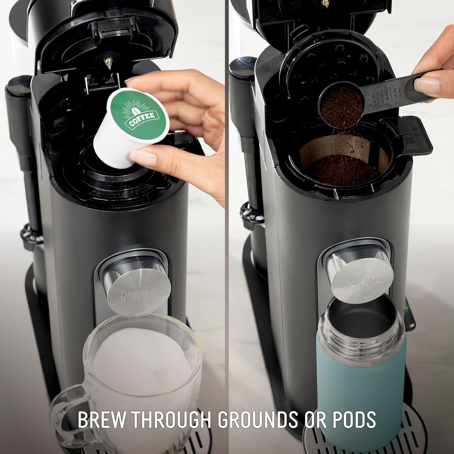 Ninja Coffee Maker, Single Serve, Brew with Coffee Pods and Grounds, Compatible with K-Cup Pods, 4 Styles, up to 24 Ounces Cup Sizes and 56 Ounces Removable Reservoir, Black, PB051