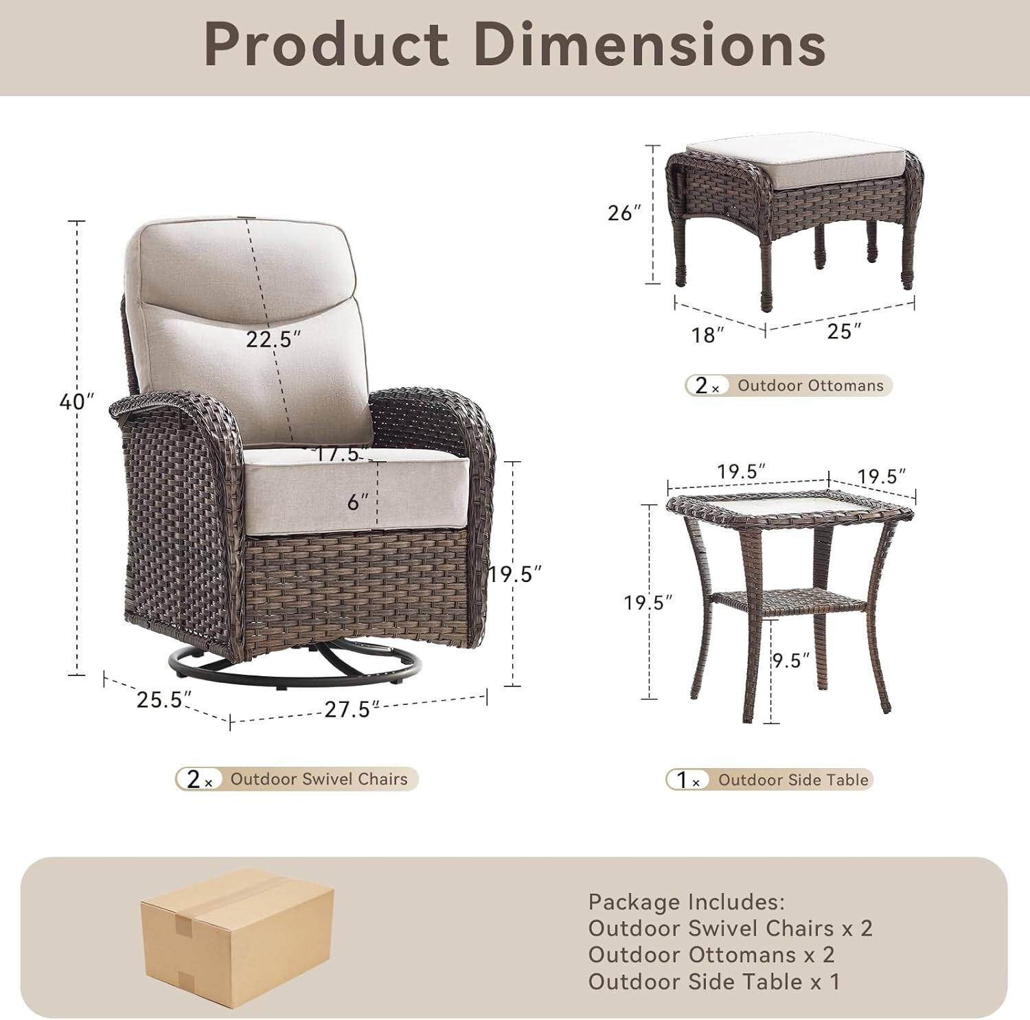 5 Pieces Luxury Patio Furniture Sets with 6-Inch Thick Cushions, High Back Swivel Outdoor Rocking Chairs Set of 2 with Multifunctional Ottoman, Wicker Conversation Set for Porch Garden, Beige