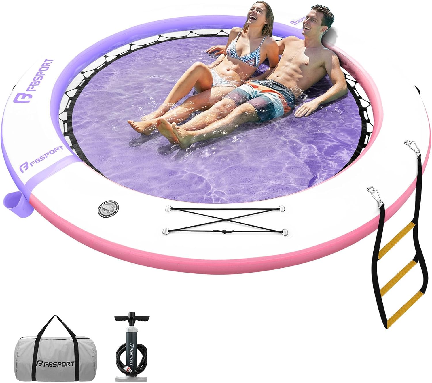 FBSPORT Inflatable Water Hammock Round Floating Ring, 10/8/6ft Inflatable Dock Floating Platform for Lake W/Cupholder, Sun Float Chill Raft Float Ring Tanning Pool Lounger Island Platform Pad
