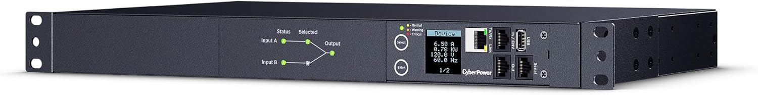 CyberPower PDU44001 Switched ATS PDU, 100-120V, 15A (Derated to 12A), 10 Outlets, 1U Rackmount