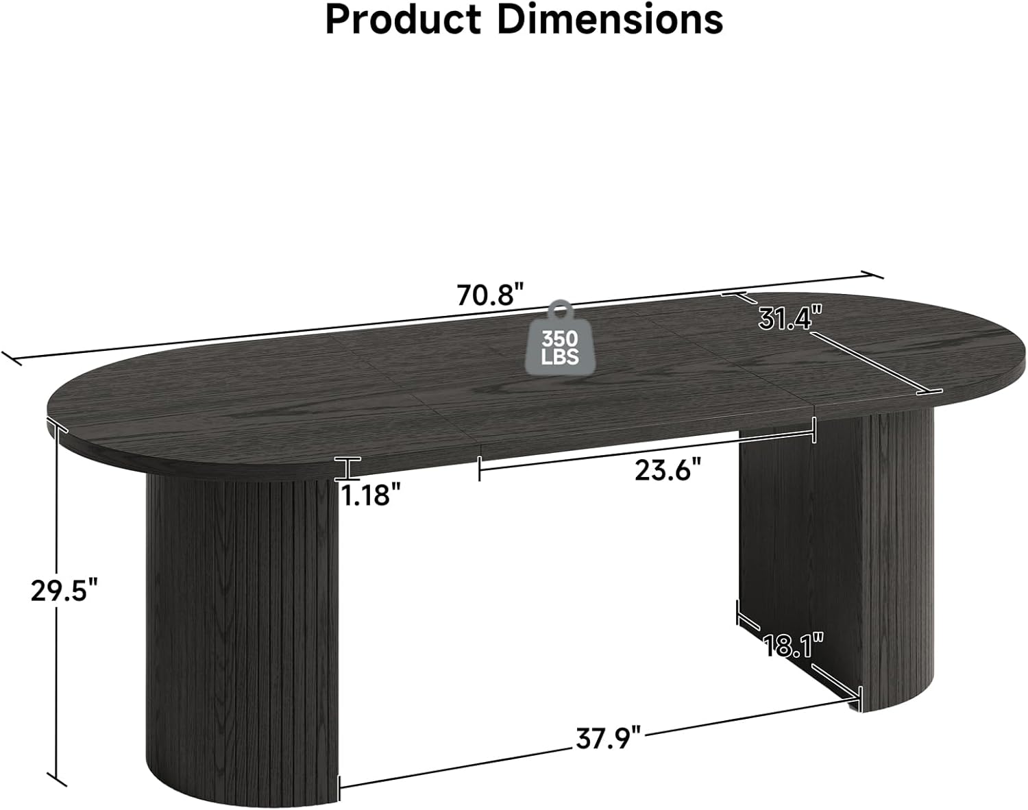 ONBRILL 70.8 Inch Dining Table for 4-6, Oval Dining Room Table with Curved Fluted Wood Strip Base, Mid-Century Modern Kitchen Tables with Footpads, Dinner Tables for Living Room, Dining Room, Black