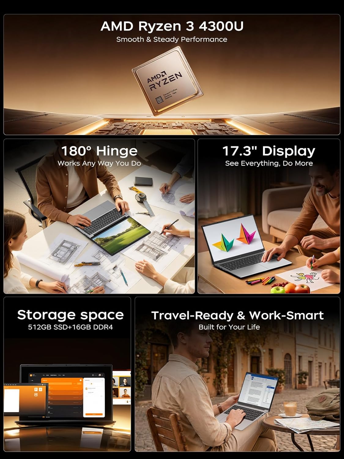 KAIGERR 17.3 Inch Light Gaming Laptop, AMD Ryzen 4300U (Beat Intel Processor N100, up to 3.7GHz) 16GB DDR4 RAM 512GB SSD Laptop Computer with Type C, 1908 x 1080 Display, Windows 11 Laptop