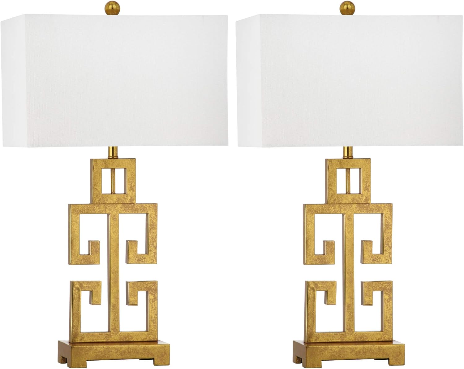SAFAVIEH Lighting Collection – Greek Key Table Lamp Set of 2 – Antique Gold Metal Base with White Fabric Shade, LED Bulbs Included, 29-Inch Bedroom Living Room Desk Lamps (LIT4305A-SET2)