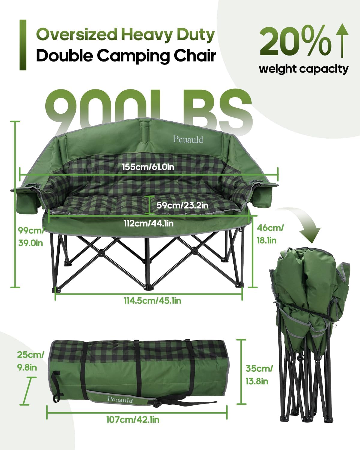 Double Camping Chair Padded Loveseat for Adults, Oversized 2 Person Camp Couch with 2 in 1 Carry Bag, Heavy Duty Folding Outdoor Sofa with Cup Holders for Lawn Beach Tailgating, Green