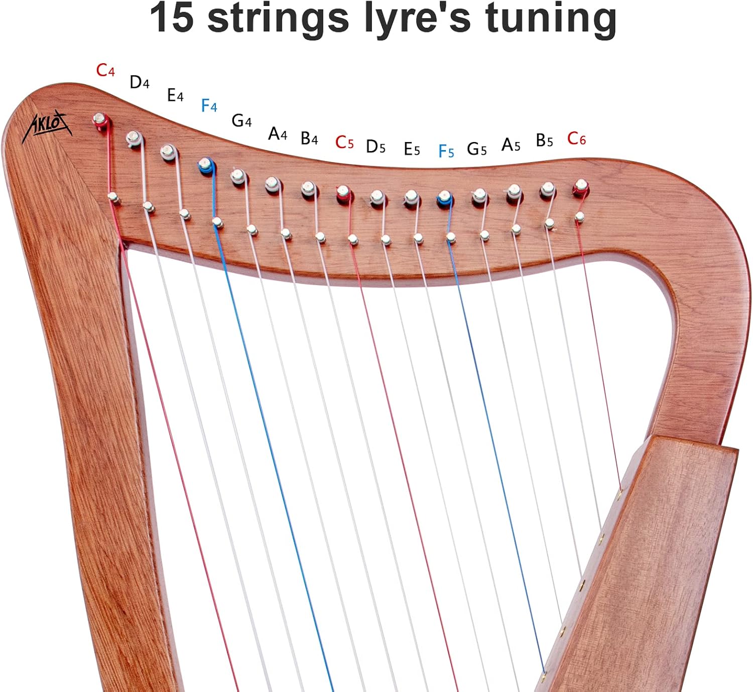 Harp, AKLOT 15 Strings Mahogany Harp 22 Inch Height for Adult Professional Beginner with Tuning Wrench,Black Gig Bag,Strap (NO Spare String, International Standard Strings)