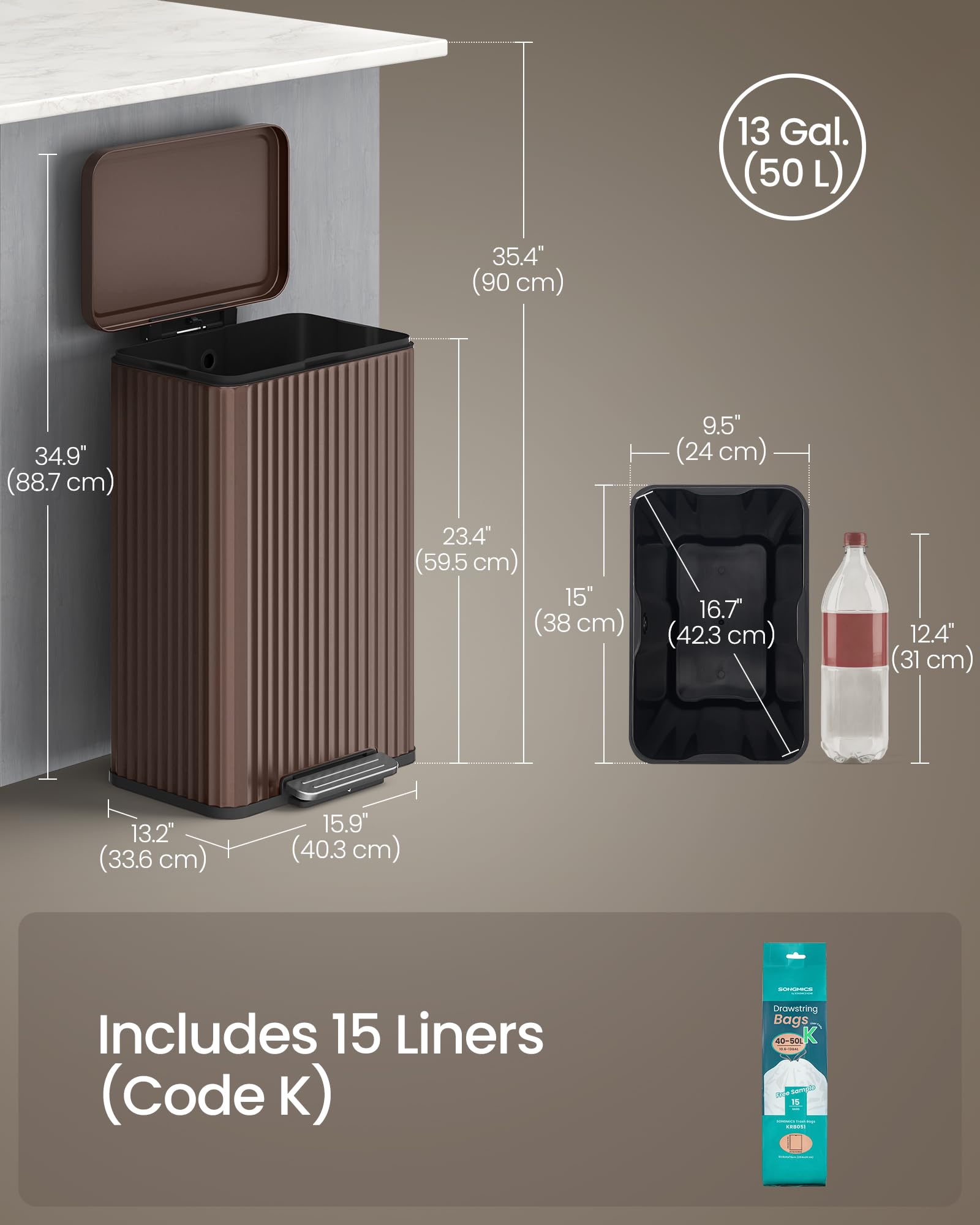 SONGMICS 13 Gallon Stainless Steel Kitchen Trash Can with Lid