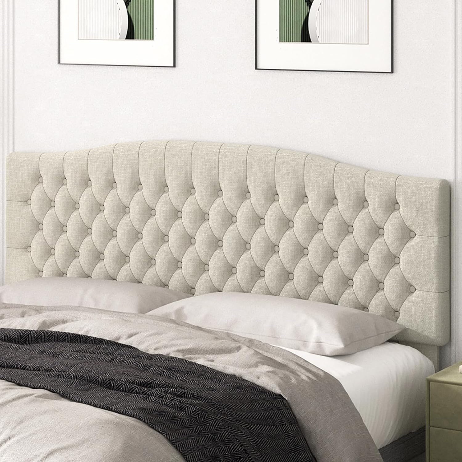 Befurtori King Headboard Only, Upholstered Headboard King Size for Adjustable Bed Linen Tufted Wall Mounted Head Board with Solid Wood Legs, Ivory