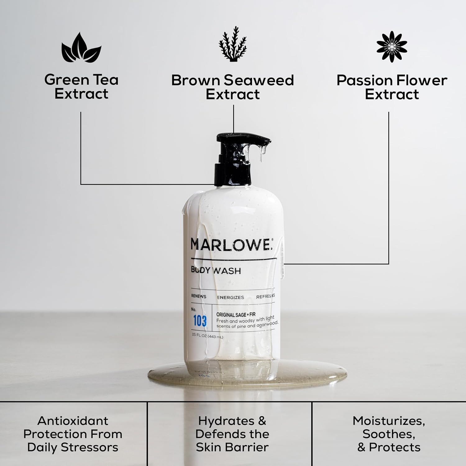 MARLOWE. Men's Body Wash, 15 oz Pump, Energizing & Refreshing Shower Gel, Moisturizes & Nourishes, Clean Vegan Formula with Willow Bark & Green Tea Extracts, Original Fresh Sage & Fir Scent