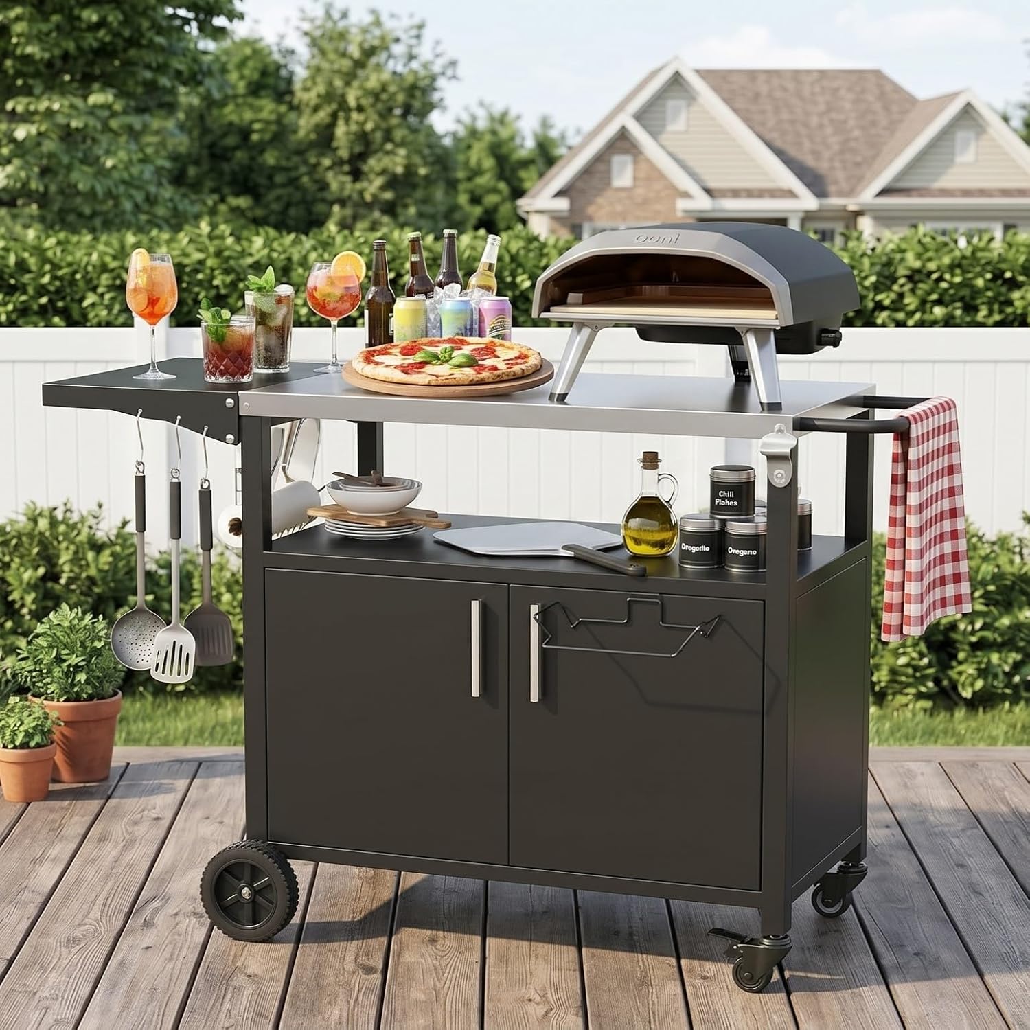Vongrasig Outdoor Grill Cart, Patio Kitchen Island with Storage, Outdoor Bar Table BBQ Cart Pizza Oven Table with Foldable Stainless Steel Top & Wheels, Black