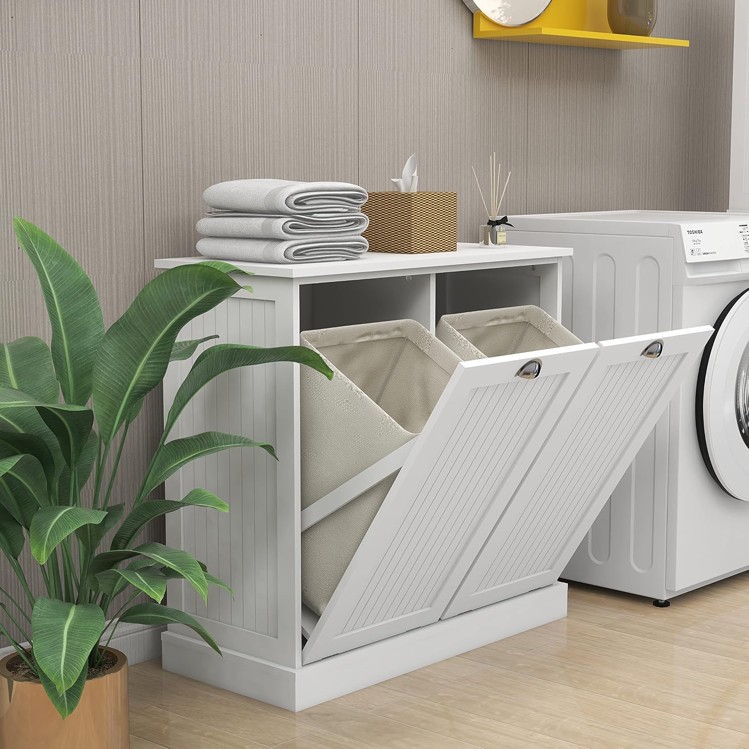 LUMISOL Double Tilt-Out Laundry Hamper Cabinet, Modern Laundry Cabinet with Removable Fabric Baskets, Wooden Bathroom Storage Cabinets with Doors for Living Room, Kitchen, White