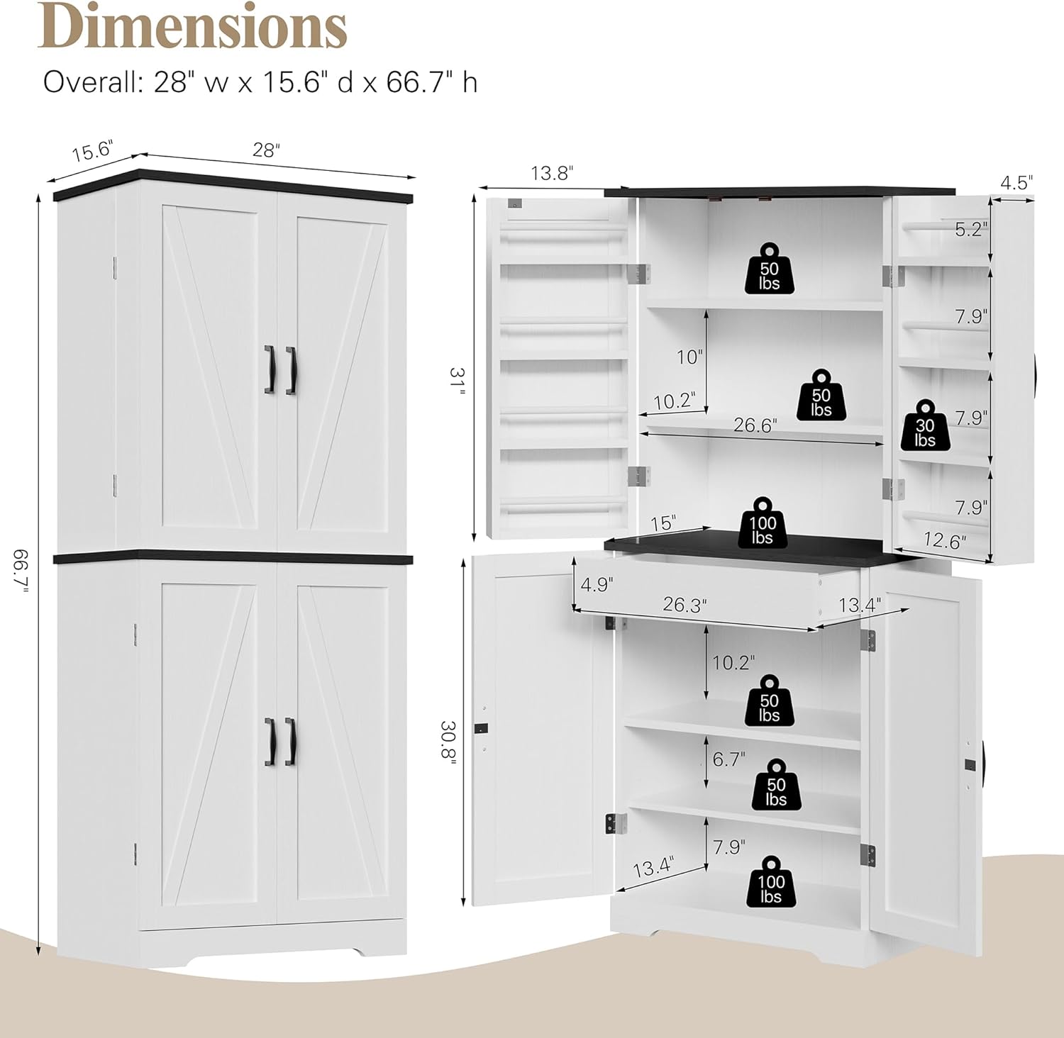 Vongrasig Kitchen Pantry Storage Cabinet with Barn Doors, Drawer and Adjustable Shelves, 6-Tier Tall Rustic Wood Cupboard Locker for Kitchen, Dining Room, Living Room, Bathroom, (White)
