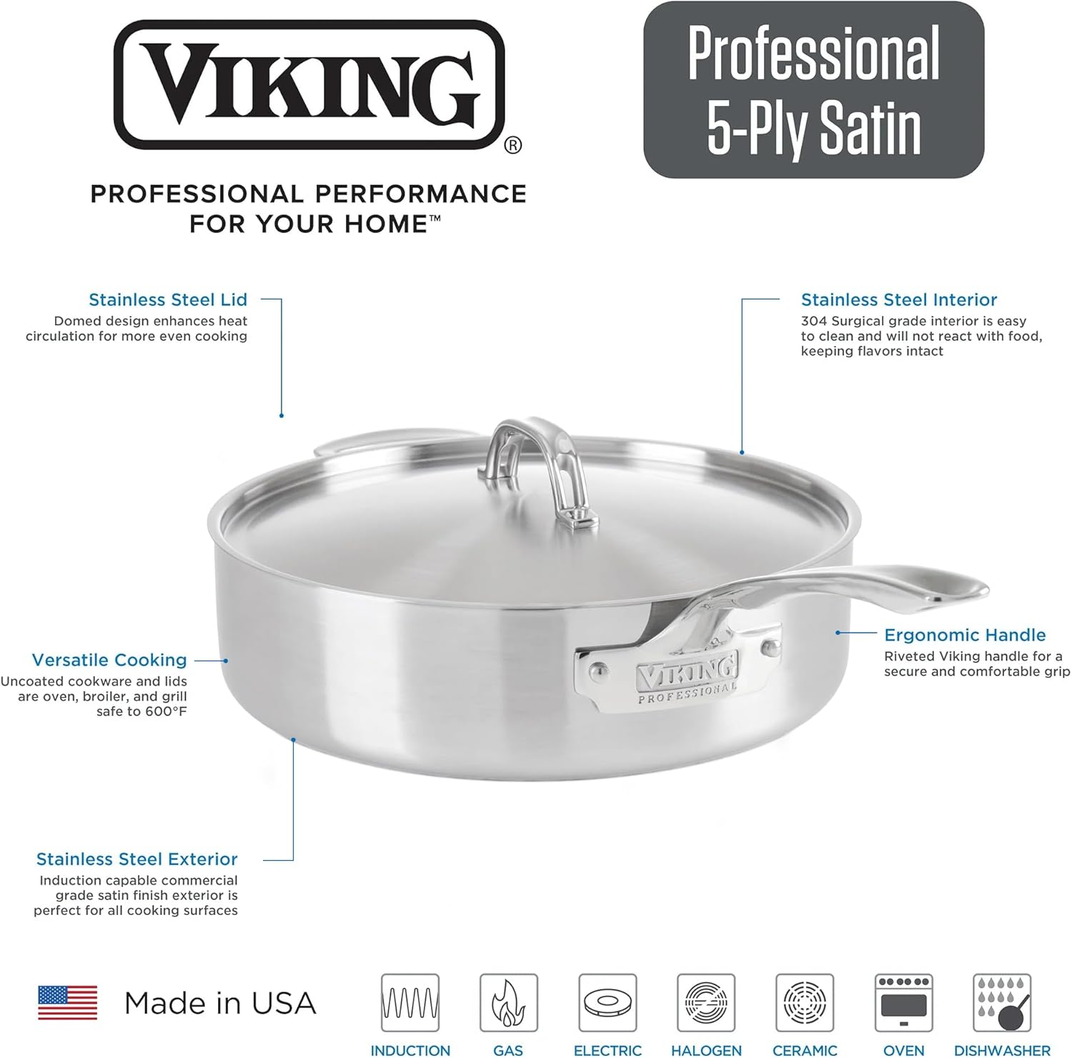Viking 5-Ply Deep Frying Pan with Lid, 3.4 Quart Stainless Steel Saute Cooking Pot, Dishwasher and Oven Safe, Induction Ready, Satin Finish
