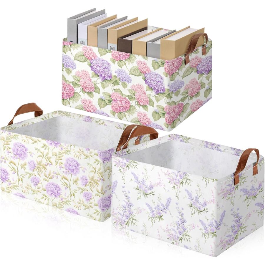 3 count Purple Floral Storage Bin Wildflowers Collapsible Large Storage Baskets for Gifts Canvas Laundry Basket Foldable Box with Handle for Office Bedroom Clothes