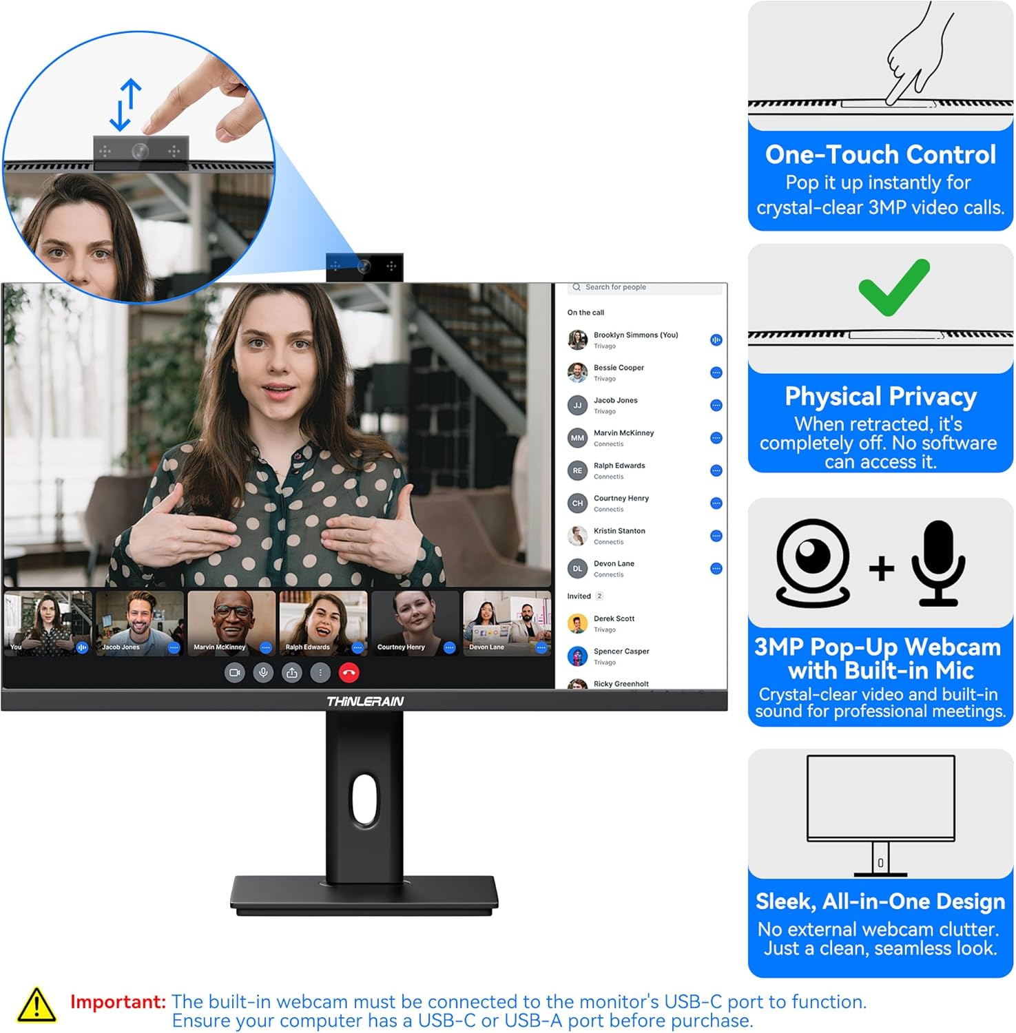 23.8 Inch Monitor with Pop-Up Webcam - 2K 2560 x 1440 IPS Computer Monitor, 100Hz Vertical Gaming PC Screen, Built-in 3MP Webcam & Microphone, HDMI, DisplayPort, Display for Office Home