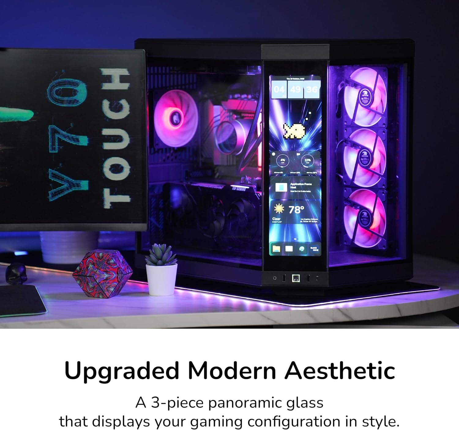 HYTE Y70 Touch Infinite Modern Aesthetic Gaming PC Case - Integrated 2.5K LCD Touchscreen Screen Display - Dual Chamber ATX Desktop Chassis - 10 Fan Capacity - Luxury PCIe 4.0 Riser Cable- Pitch Black