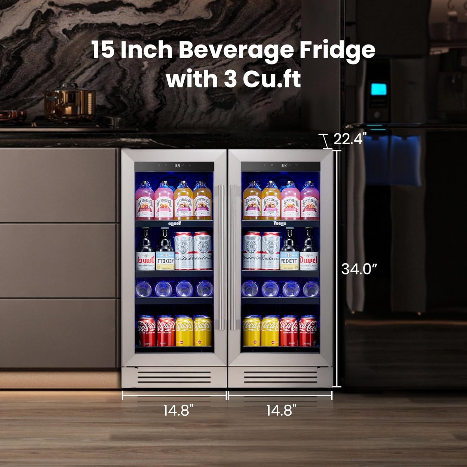 Yeego 15 inch Built-In Beverage Refrigerator (2 Pack) – Compact Drink Cooler with Glass Door, Auto Defrost Mini Wine & Beer Fridge for Cans and Bottles, Under Counter & Freestanding