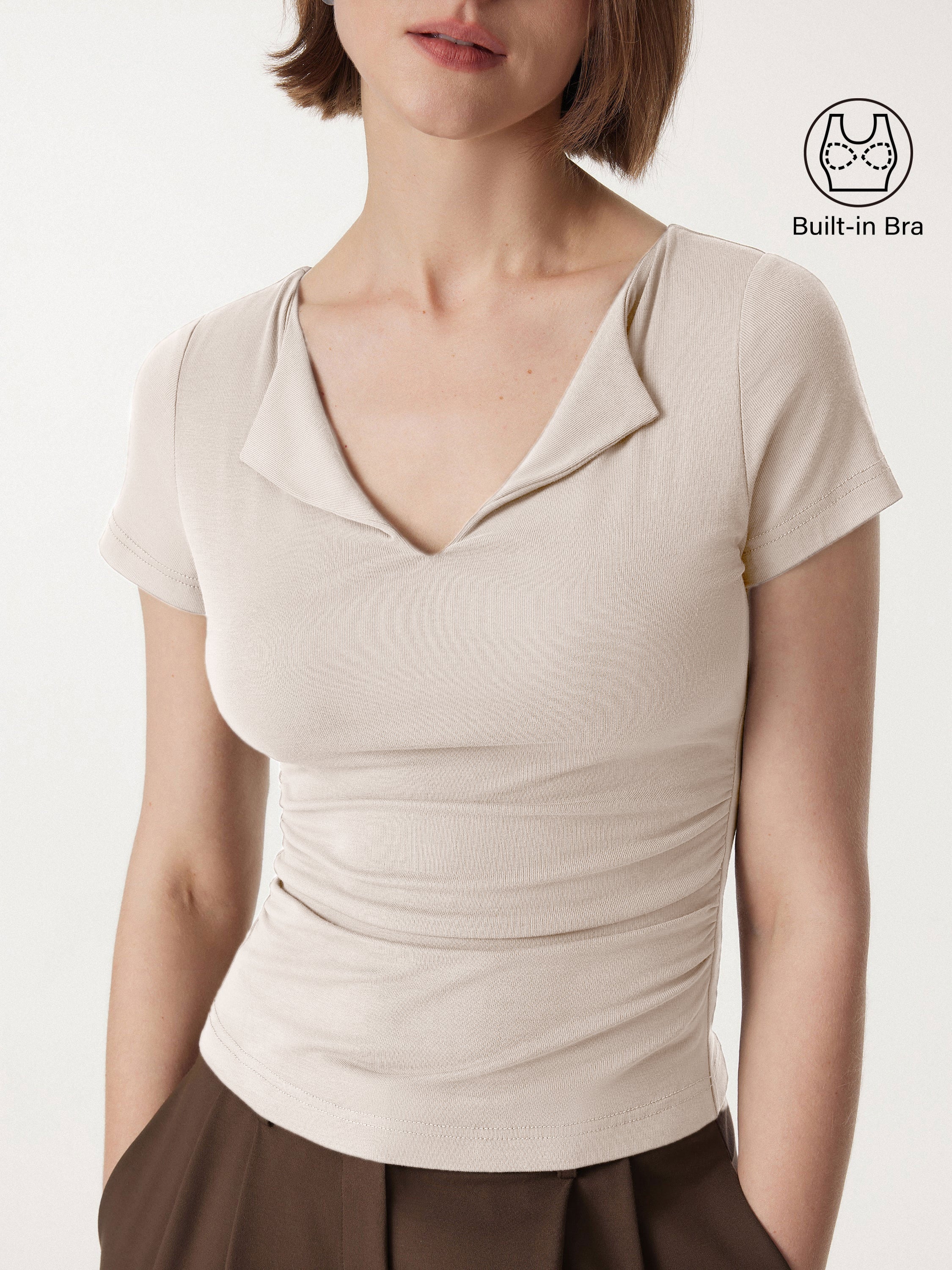 Flapped V-neck Side Ruched New Airy Bra Tee