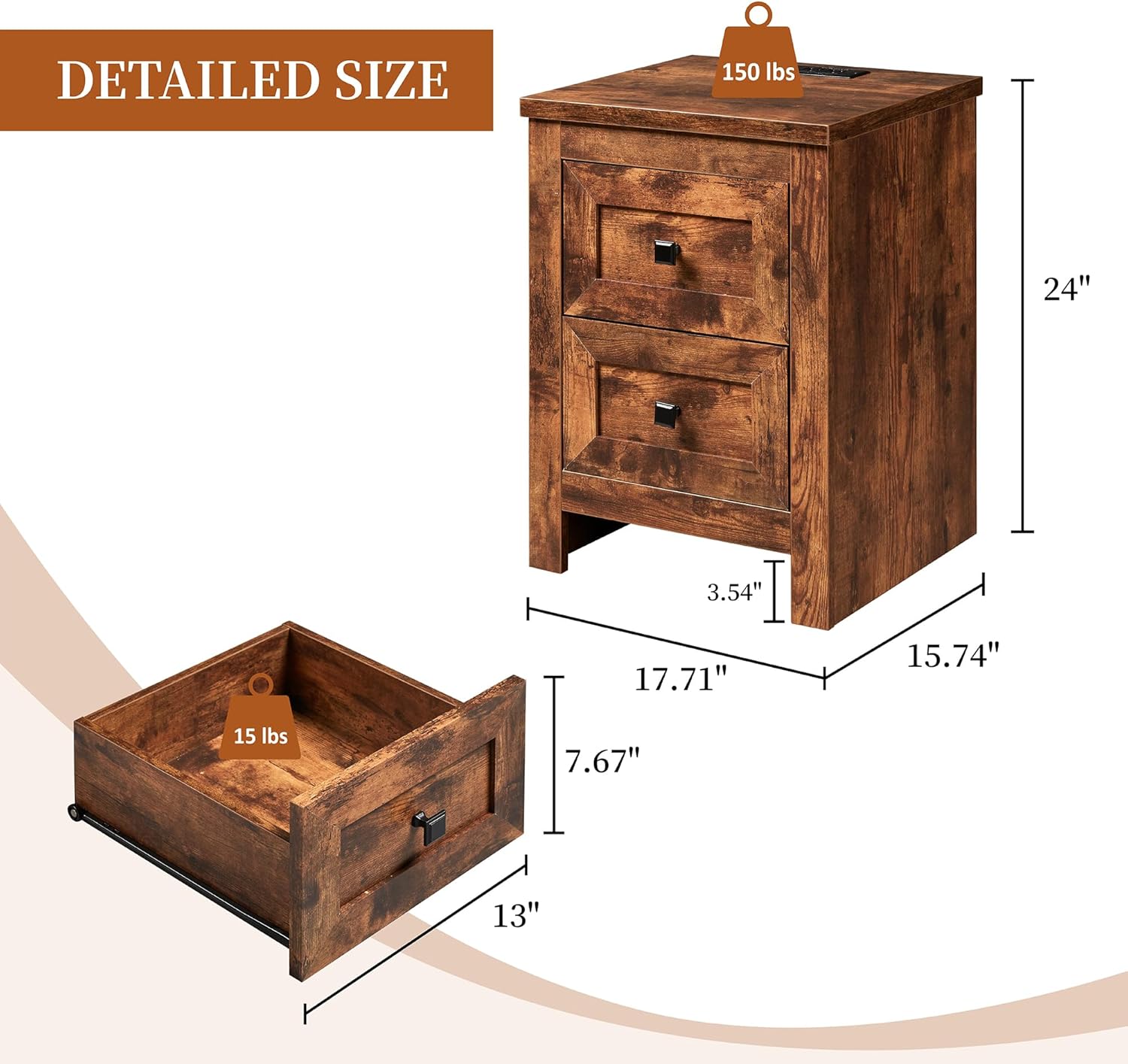 AMERLIFE Nightstand Set of 2 with Charging Station, Rustic Bedside Table with Drawers Storage, Farmhouse Wood Night Stand for Bedroom, Rustic Brown