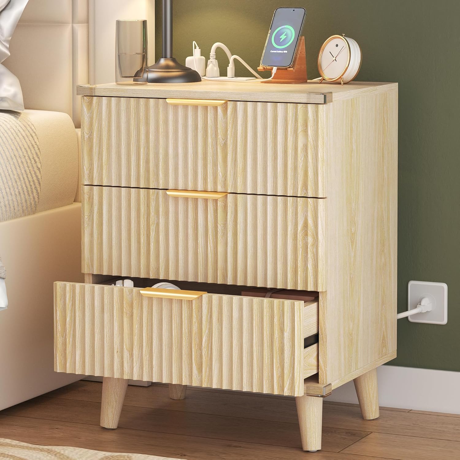 Lulive Modern Dresser and Nightstand Sets 3-Piece, 6-Drawer Dresser + 2 Nightstands Bedroom Sets with Solid Wood Legs (Natural Oak)
