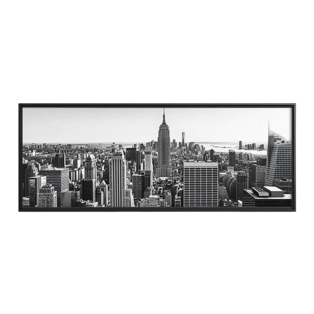Black and White NYC Skyline Wall Art - Modern Industrial Cityscape Photography - Large Matte Black Aluminum Frame - For Office & Modern Home Decor