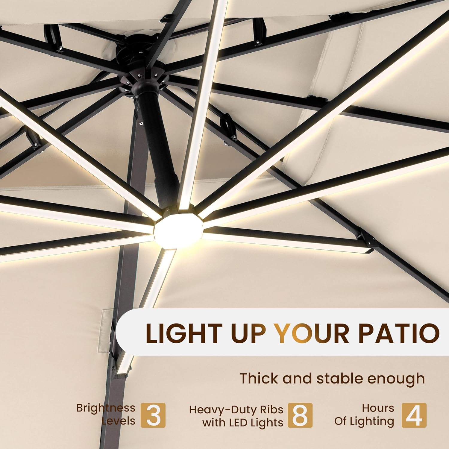 10 X 13 FT Cantilever Patio Umbrella with LED Lights Outdoor Heavy Duty Double Top Windproof Rectangle Offset Umbrellas with 360-degree Rotation for Pool Deck Backyard, Beige