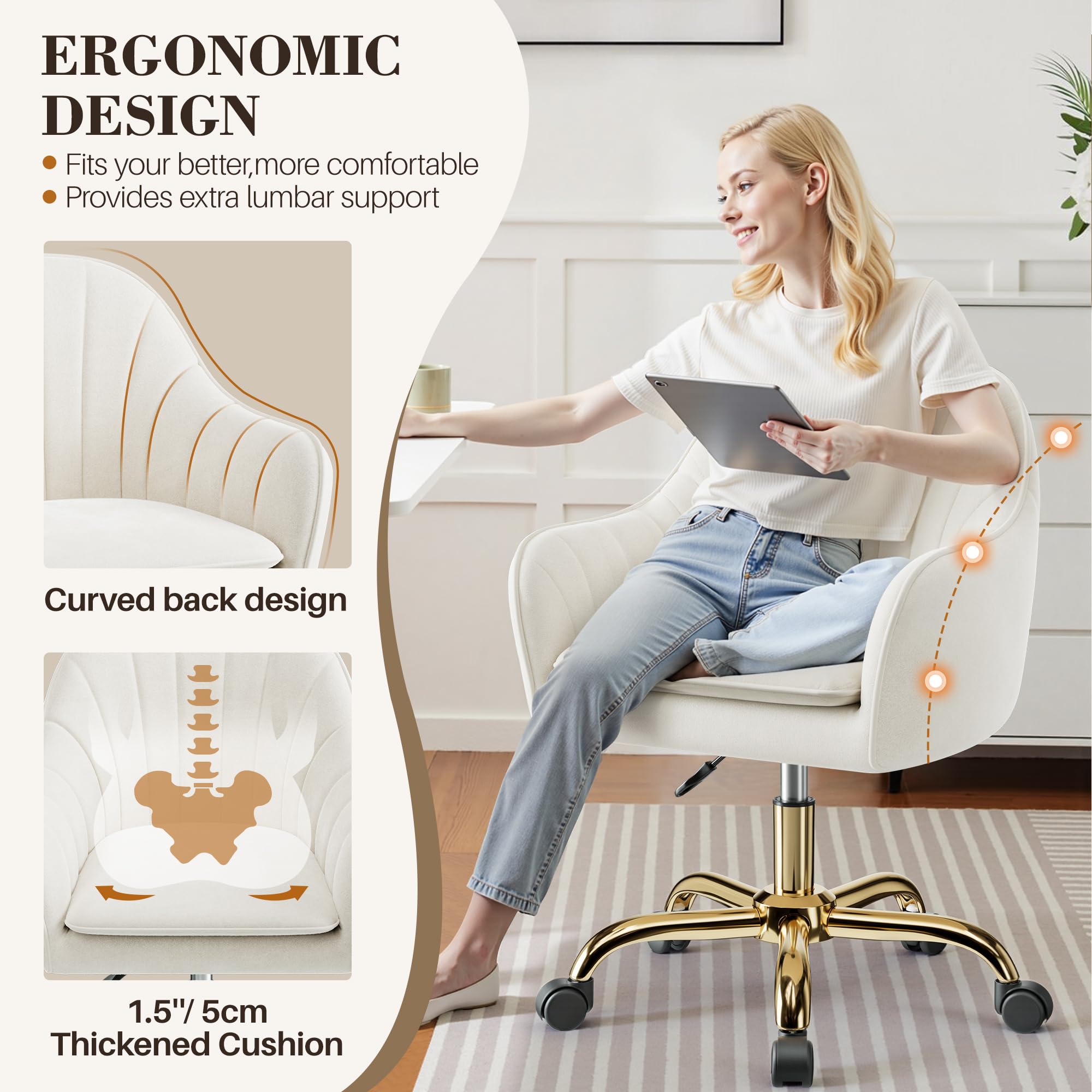 BESTERA Vanity Chair with Wheels - Adjustable Velvet Makeup Chair