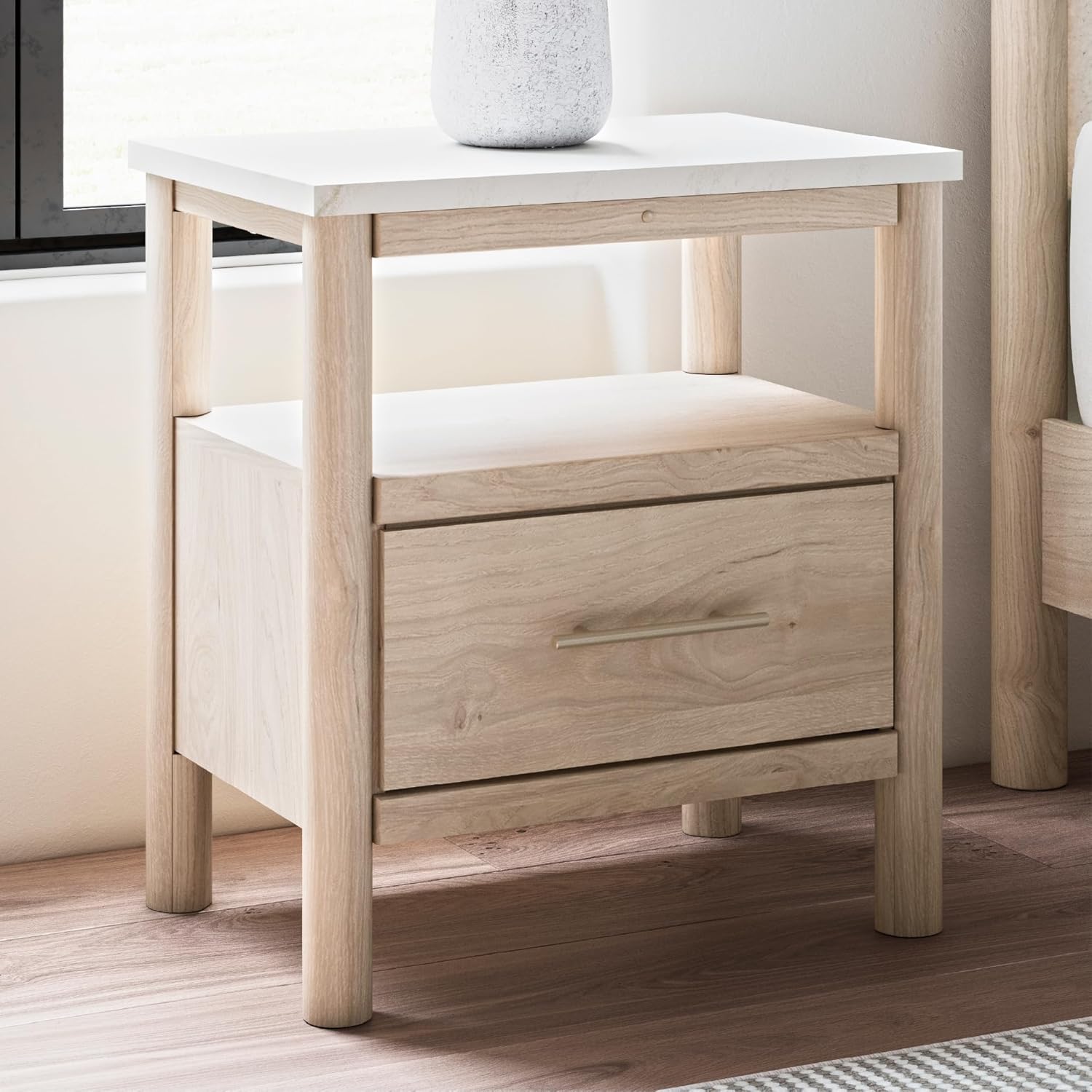 Signature Design by Ashley Cadmori Casual Faux Marble Tabletop 1 Drawer Nightstand with Open Shelf, Ambient Lights, Wireless Charging and USB-C Ports, 26.57