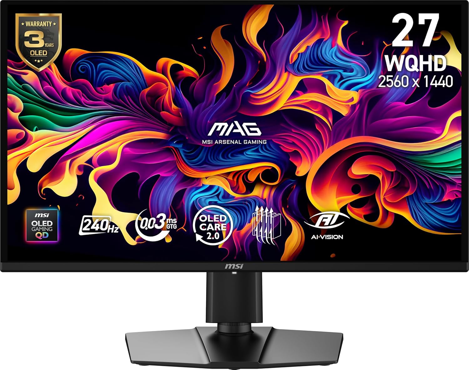 msi MAG 274QP QD-OLED X24 27-Inch WQHD Gaming Monitor, 2560 x 1440 Quantum Dot OLED Panel, 240Hz, 0.03ms, Adaptive-Sync, HDMI2.1, DP 1.4a, Tilt/Height Adjustable, Black