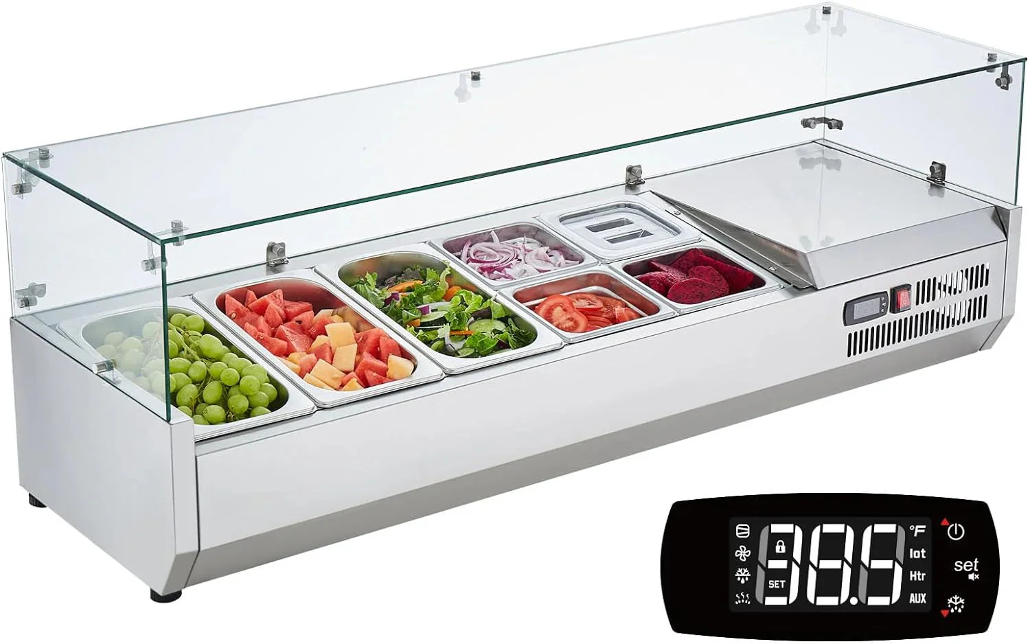 Refrigerated Condiment Prep Station, 135 W Countertop Refrigerated Condiment Station, with 2 1/3 Pans & 4 1/6 Pans, 304 Stainless Body and PC Lid, Sandwich Prep Table with Stainless Guard, ETL
