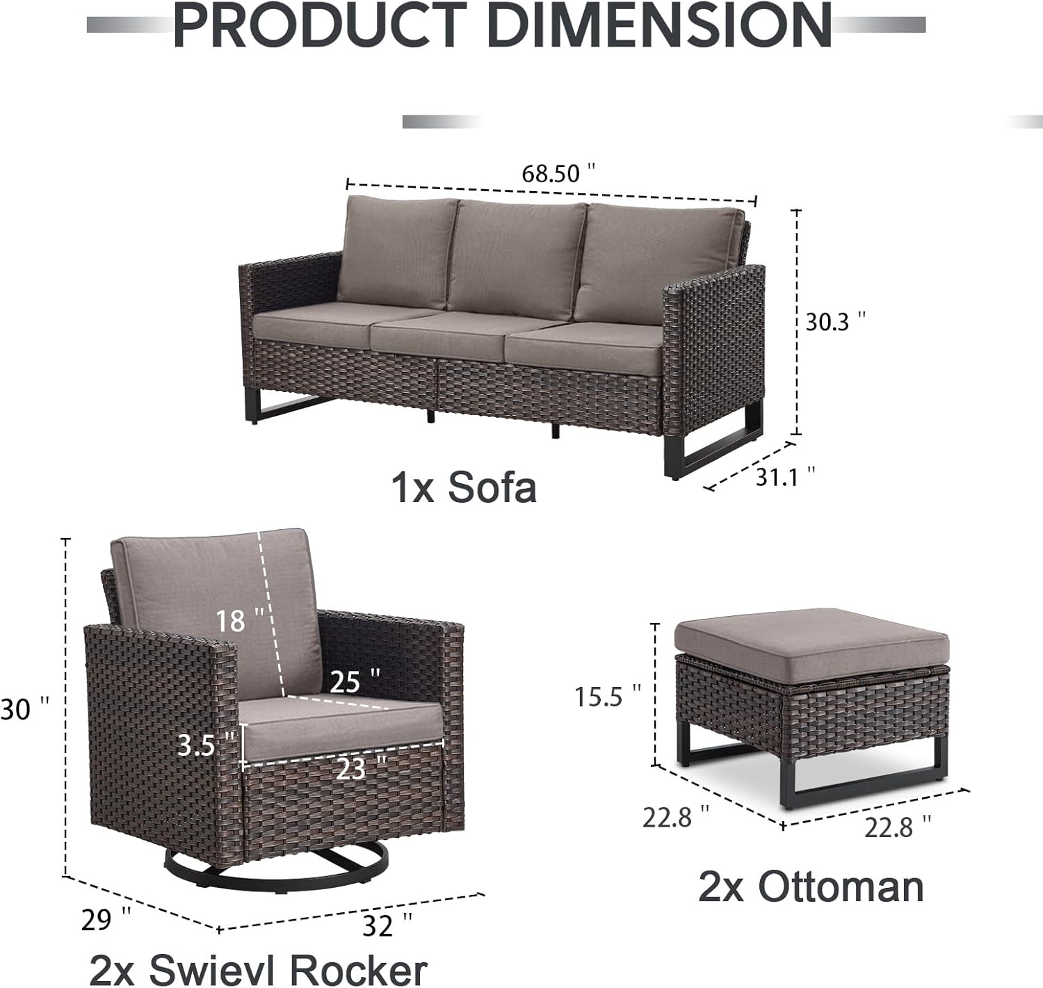 5 Piece Wicker Patio Furniture Set - Outdoor Swivel Rocker Chairs Set with 3 Seat Sofa and Ottomans, Small Patio Conversation Sets Proch Furniture for Balcony Deck - Brown/Grey