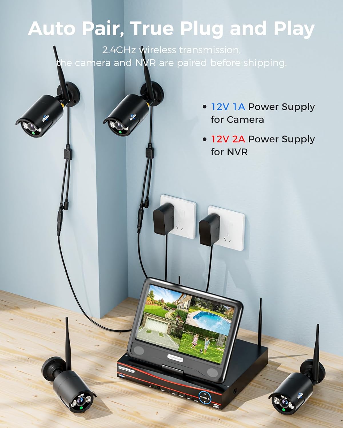 Hiseeu Home Security Camera System, 24/7 Recording Wired Plug-in Powered 4Pcs 5MP Outdoor Cameras, 10.1